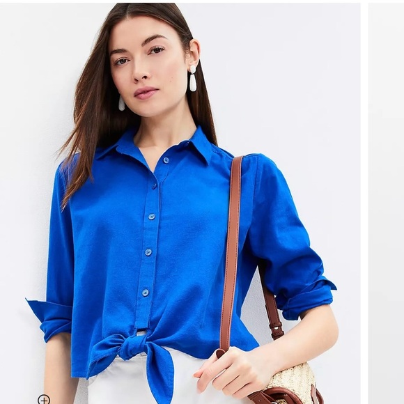 Loft Women's Front Tie Linen Blend Button Down Top Size Small Petite - Picture 2 of 9